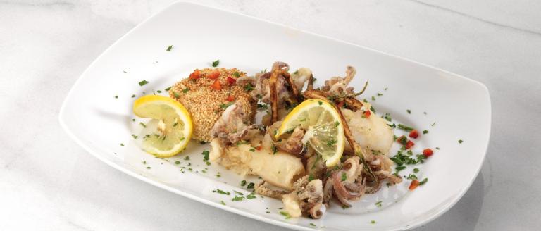 Fried Calamari with sesame crusted feta cheese