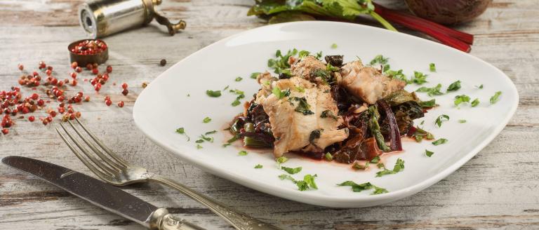 Perch fillets with chard and beet greens